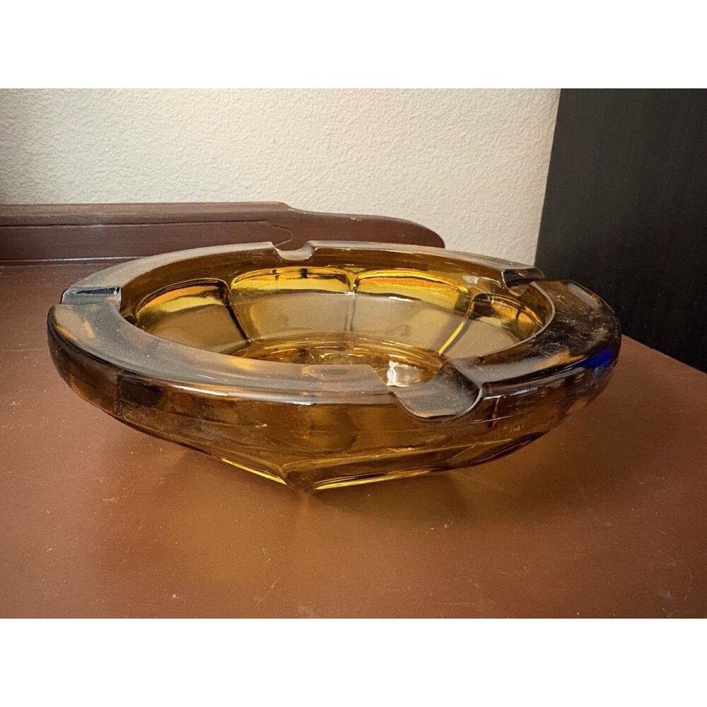 Vtg. Mid Century 8" Amber Glass Rolled Edge Ashtray Grandpacore